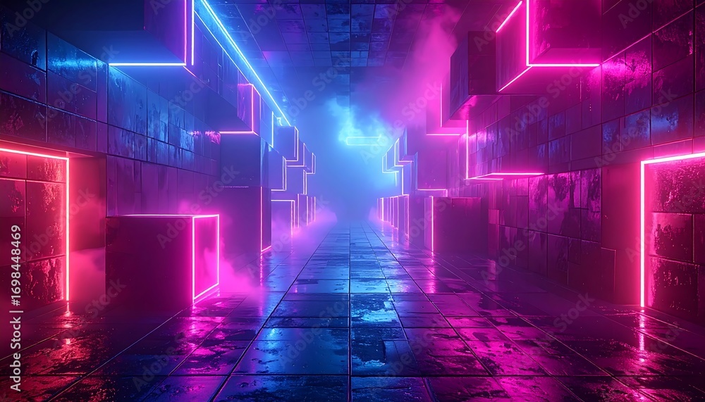 Fototapeta premium Neon corridor with glowing blocks