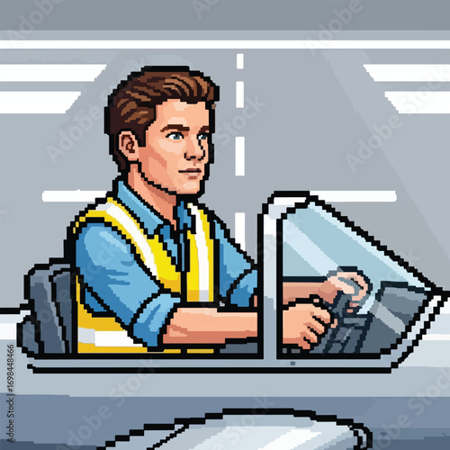 Pixelated illustration of a pilot in a cockpit of a vintage airplane on a runway.
