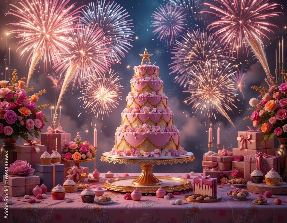 Obraz premium Magnificent tiered cake centerpiece with dazzling fireworks and festive treats, celebrating a joyous occasion.