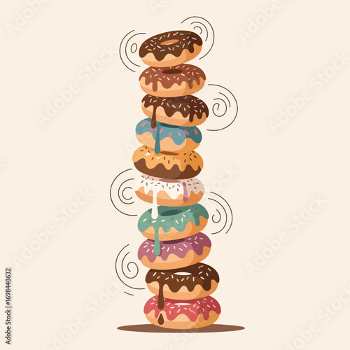 A tall stack of colorful donuts with various glazes and sprinkles.