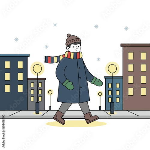Person walking on a city sidewalk on a winter evening: Ideal for use in blog posts, magazines, and advertisements to tell stories about winter travel, city life, or cold weather.