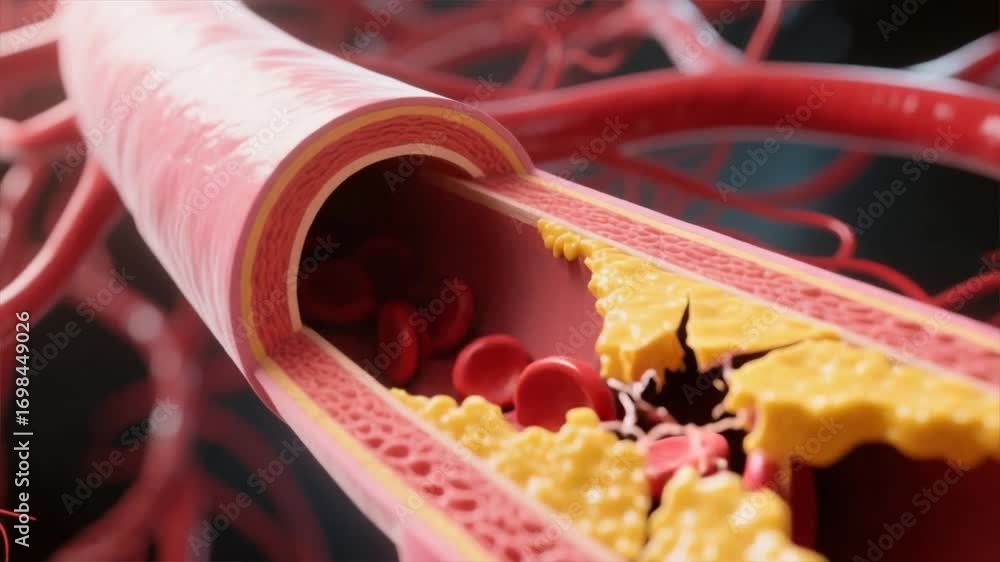 Artery cross section with red blood cells flowing past yellow plaque on ...