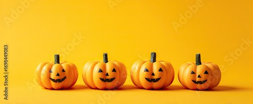 Four cute smiling Halloween jack-o-lanterns in a row on a vibrant yellow background with copy space.