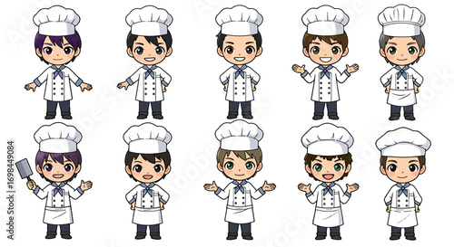 A delightful collection of cute cartoon chef character designs, featuring a set of culinary professionals in uniform poses