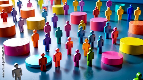 Colorful human figures standing on circular infographic charts representing demographic statistics and population data