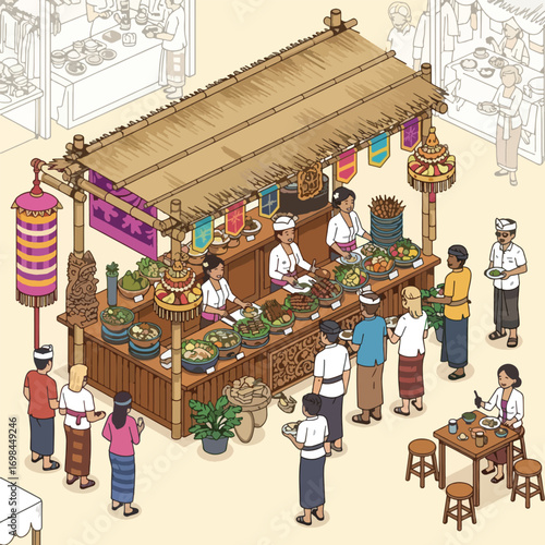 Isometric illustration of a traditional Balinese food stall at an outdoor market with people buying and eating local cuisine.