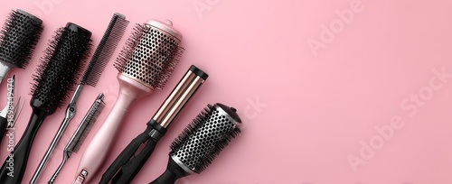 Various professional hair brushes and combs on a pink background.