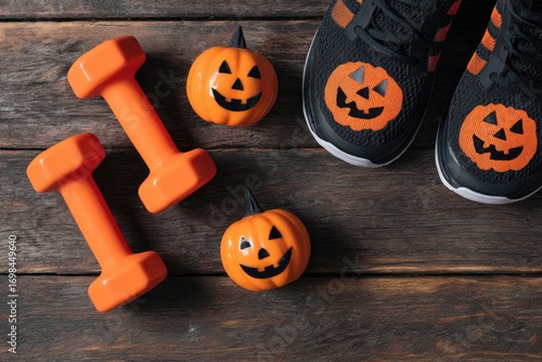 Halloween Fitness Concept with Dumbbells and Sneakers on Wood.