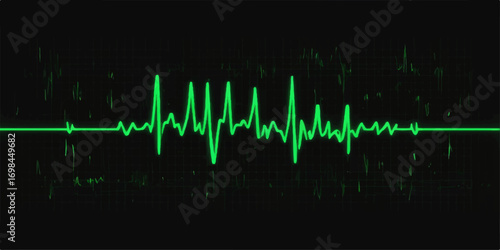 An abstract sound wave heartbeat line on a black background illustrates a medical cardiogram