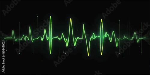Green heart and cardiogram on a sound wave background for a medical heartbeat monitor