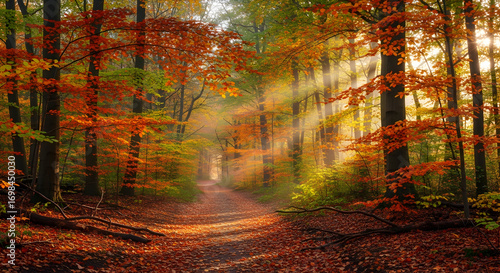 Fototapeta Naklejka Na Ścianę i Meble -  Enchanting autumn forest path with golden sunlight filtering through colorful foliage creating a
