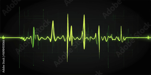 Green medical electrocardiogram graph showing heart beat waves on a hospital monitor, illustrating a healthy pulse rate