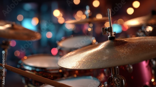 Drum set closeup with cymbals under colorful lights
