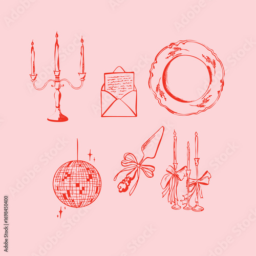 Collection of wedding line art illustrations in doodle ink style. Trendy art for bachelorette parties and wedding invitations. Wedding doodle. Disco ball, candles, candlestick, wedding plate, spatula