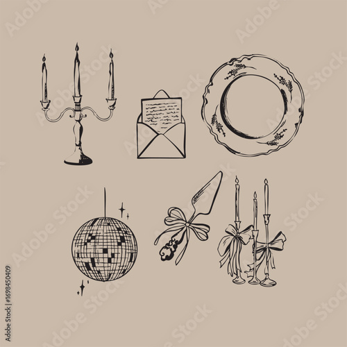 Collection of wedding line art illustrations in doodle ink style. Trendy art for bachelorette parties and wedding invitations. Wedding doodle. Disco ball, candles, candlestick, wedding plate, spatula