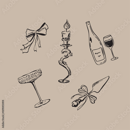 Collection of wedding line art illustrations in doodle ink style. Trendy art for bachelorette parties and wedding invitations. Wedding doodle. Disco ball, candles, candlestick, wedding plate, spatula