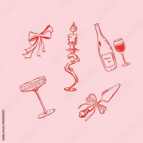 Collection of wedding line art illustrations in doodle ink style. Trendy art for bachelorette parties and wedding invitations. Wedding doodle. Disco ball, candles, candlestick, wedding plate, spatula