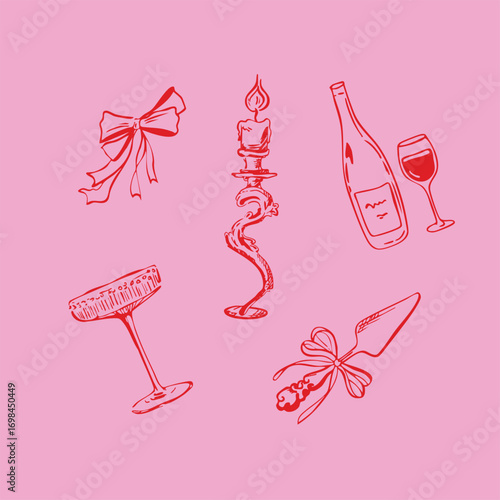 Collection of wedding line art illustrations in doodle ink style. Trendy art for bachelorette parties and wedding invitations. Wedding doodle. Disco ball, candles, candlestick, wedding plate, spatula