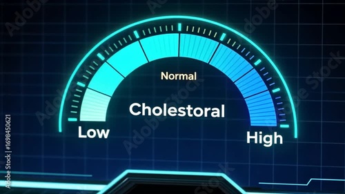 A futuristic digital dashboard showing cholesterol gauge with human silhouette, medical data visualization, high cholesterol, hyperlipidemia, hypercholesterolemia