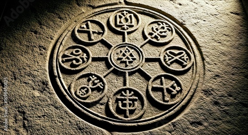 Alchemical Symbols: Wise Mystical Realism Carved into Weathered Stone
