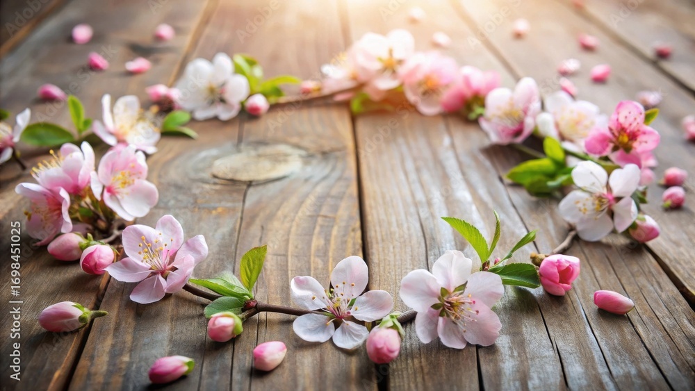 Fototapeta premium Delicate Spring Blossoms Arranged in a Heart Shape on Rustic Wooden Surface