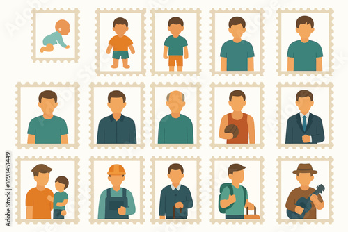 Men All Stages Postage Stamps Icon Set – Flat Solid Color Vector Illustrations