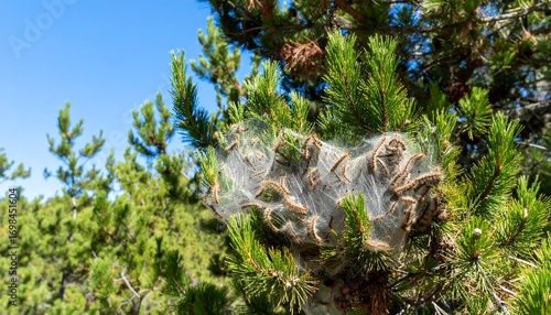 Infestation of pine processionary caterpillars destroying coniferous tree