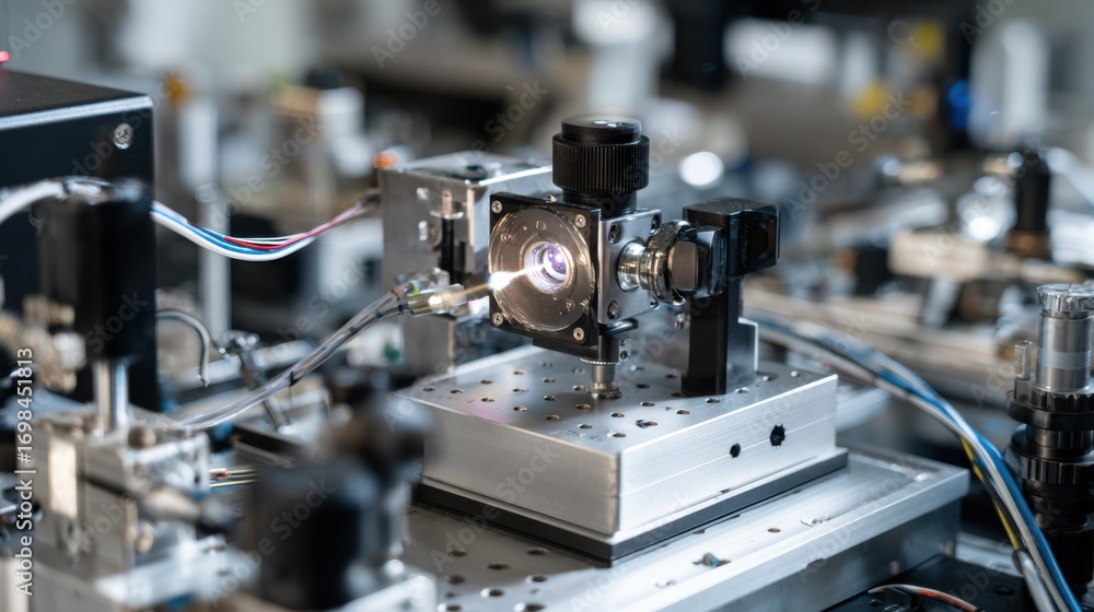 Fototapeta premium Detailed shot of optical components and cables connected on a research bench as physicist calibrates instruments for quantum optics experiments in scientific facility.