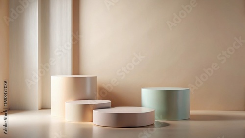 Wallpaper Mural Minimalist Cylindrical Display Platforms in a Neutral Color Palette on a Subtle Textured Background Torontodigital.ca