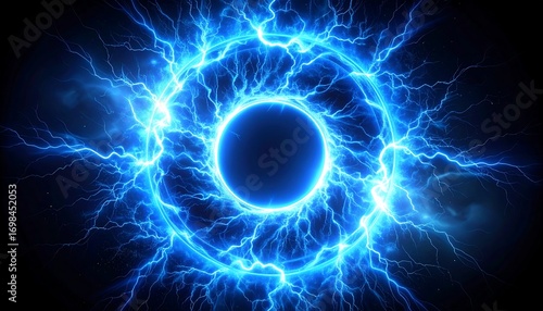 Electric blue corona around a dark sphere with lightning strikes