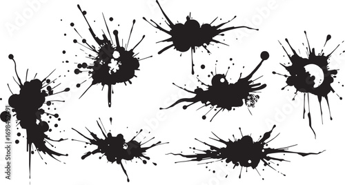 Brush set. Vector black paint brush spots, highlighter lines or felt-tip pen marker. Ink smudge abstract shape stains and smear set with texture