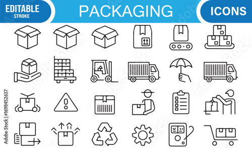 Distribution and shipping outline icons pack with carton, truck, warehouse, and cargo logistics
