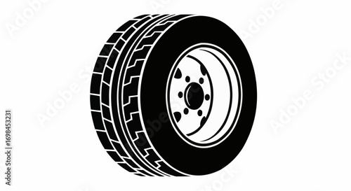Vector art of a black and white illustration of a vehicle tire and rim, showing the tread pattern and spokes, isolated on a