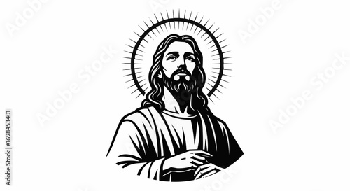 Vector art of artistic depiction of jesus christ with a radiant halo, featuring a beard and flowing robes, rendered in a classic black and white illustration style