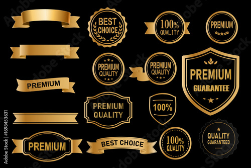 Elegant gold and black premium quality labels and ribbons in various shapes-perfect for luxury branding, product packaging, and marketing. Includes guarantee, best choice, and 100% quality badges