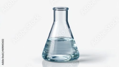 Transparent Erlenmeyer flask partially filled with clear liquid against white background