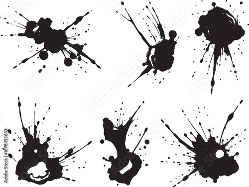 Brush set. Vector black paint brush spots, highlighter lines or felt-tip pen marker. Ink smudge abstract shape stains and smear set with texture