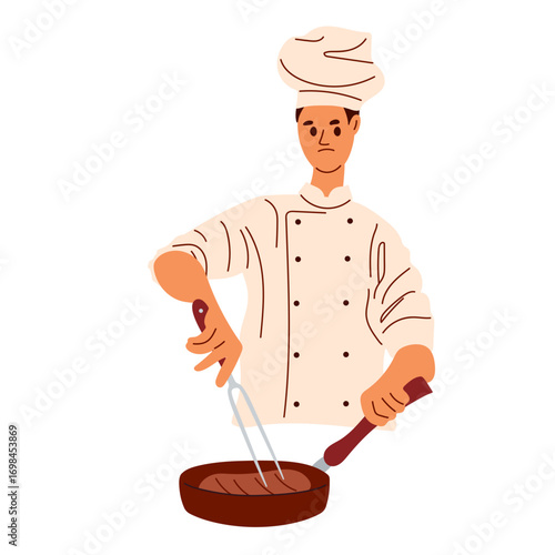 Man cook cooks steak. Man in chef's uniform checks readiness of meat with fork. Guy in chef's hat holds frying pan with meat. Flat vector illustration isolated on white background. Cooking food.