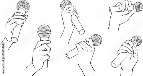 Sketches of hands holding microphones in different angles.