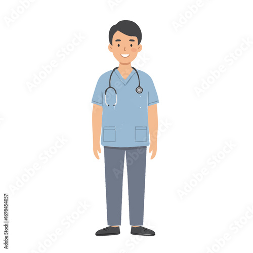 A full-length cartoon illustration of a smiling male doctor or nurse wearing blue scrubs and a stethoscope around his neck.