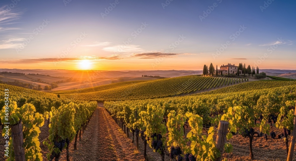 Fototapeta premium Golden Sunset Over Tuscan Vineyard Rolling Hills Estate Architecture