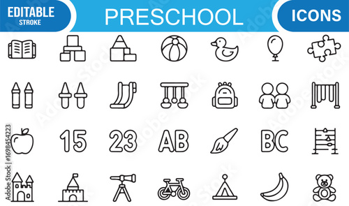 Fun and education preschool vector icons set with toys, puzzles, ball, and playground equipment