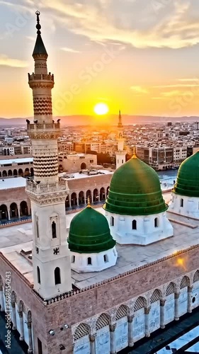 An aerial view of the majestic Masjid Nabawi (Prophet's Mosque) in Medina