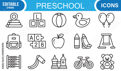 School and preschool outline illustrations with child icons, backpack, and early education tools