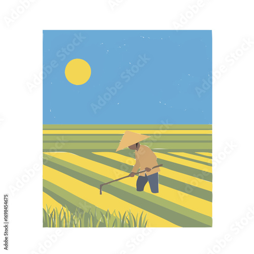 A farmer wearing a conical hat works in a field under a bright yellow sun and a clear blue sky.