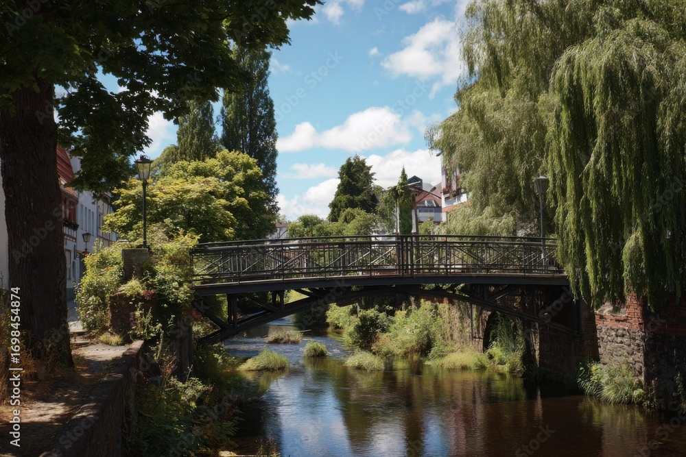 Fototapeta premium A serene river flows beneath a small black bridge, framed by vibrant trees and historical buildings under a bright blue sky. The peaceful atmosphere invites relaxation