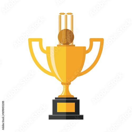 Golden cricket trophy with ball and wickets