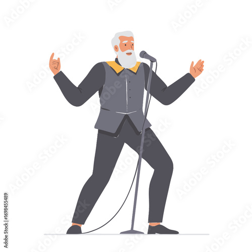 A charismatic elderly man with a white beard and hair energetically singing into a microphone while performing.
