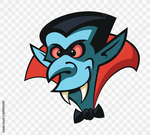 Cartoon Vampire Head with Fangs and Red Cape for Halloween. Children's vector illustration