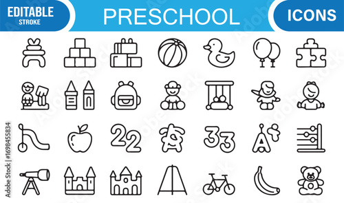 School and preschool icon pack with swing, slide, teddy, ball, and backpack outline illustrations